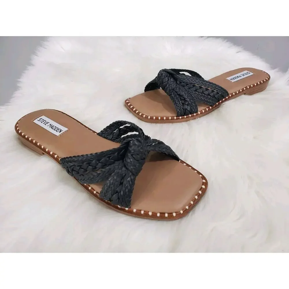 NEW‎ NO BOX Steve Madden Black Braided Natural Sandal Size 7.5 WILMAH Beach Boho